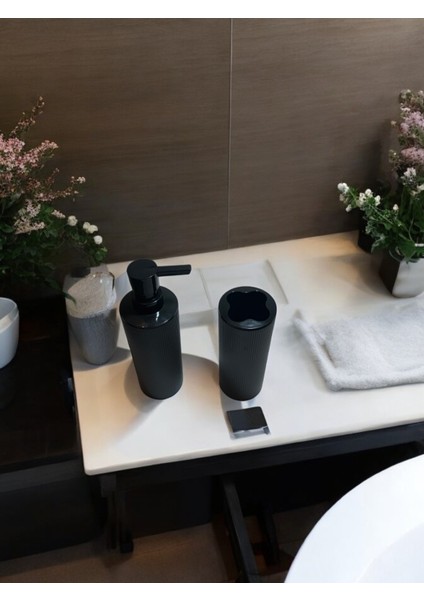 Modern Yuvarlak Banyo Seti: Sıvı Sabunluk ve Diş Fırçalık Siyah modelleri
