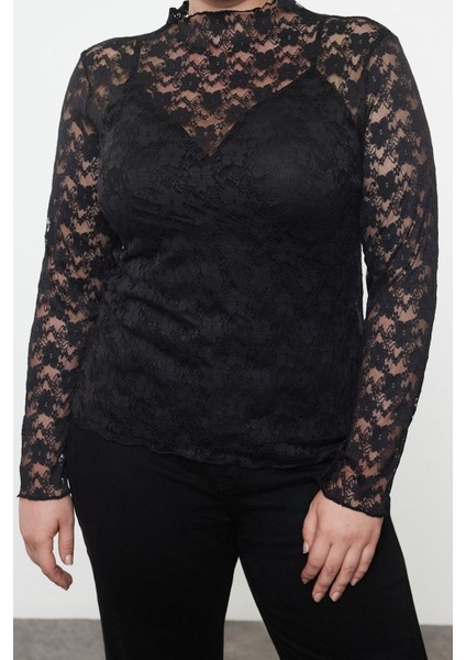 Kadın Moda Şık Büyük Beden Regular Dik Yaka Regular Kalıp Dantel Li Örme Bluz modelleri