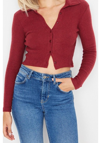 Kadın Şık Crop Gömlek Yaka Slim Kalıp Örme Vücuda Oturan Polo Yaka Fitilli Esnek Bluz fiyatları