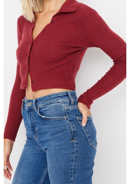 Kadın Şık Crop Gömlek Yaka Slim Kalıp Örme Vücuda Oturan Polo Yaka Fitilli Esnek Bluz indirimleri