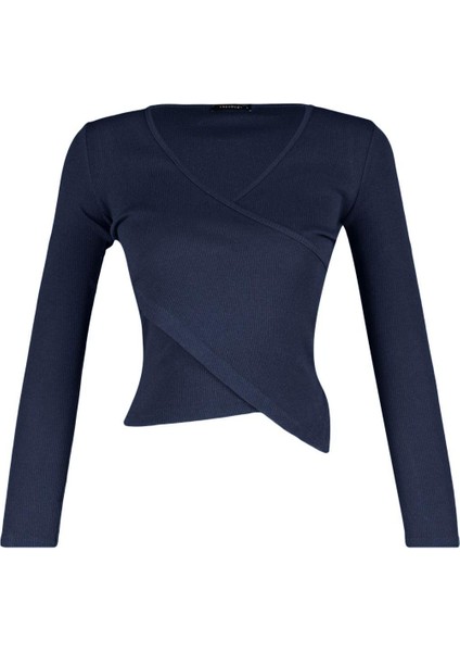 Kadın Moda Şık Regular Kruvaze Yaka Slim Kalıp Örme Fitted Vücuda Oturan Yaka Kol Fitilli Esnek Bluz