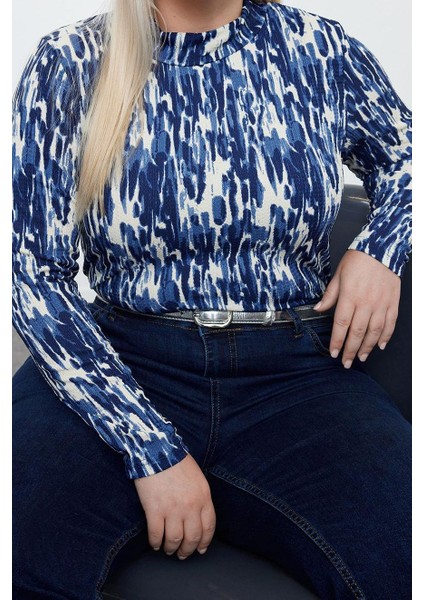 Kadın Moda Şık Büyük Beden Regular Dik Yaka Fitted Kalıp Örme Baskılı Vücuda Oturan Bluz modelleri