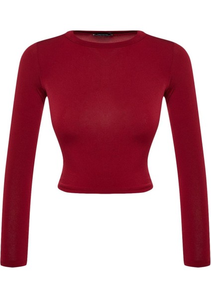 Kadın Moda Şık Üst Giyim Crop Dik Yaka Slim Kalıp Örme Fitted Vücuda Oturan Kol Büzgülü Esnek Bluz