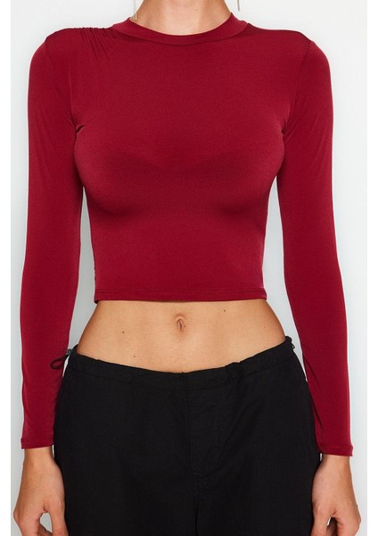 Kadın Moda Şık Üst Giyim Crop Dik Yaka Slim Kalıp Örme Fitted Vücuda Oturan Kol Büzgülü Esnek Bluz indirimleri