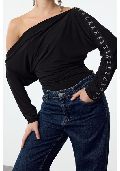Kadın Moda Şık Üst Giyim Regular Kayık Yaka Fitted Kalıp Örme Bluz fiyatları
