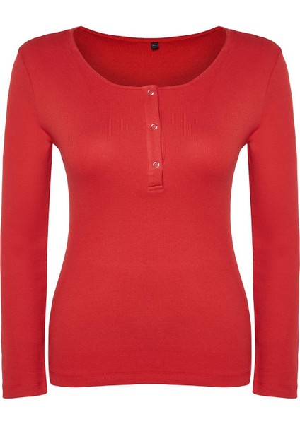 Kadın Moda Şık Büyük Beden Crop Havuz Yaka Regular Kalıp Örme U Yaka Çıtçıt Detaylı Bluz