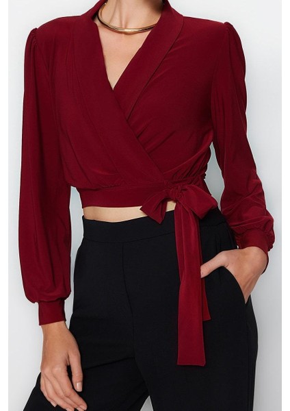 Kadın Moda Şık Üst Giyim Crop V Yaka Balon Kol Regular Kalıp Örme Kruvaze Kapamalı Esnek Bluz modelleri