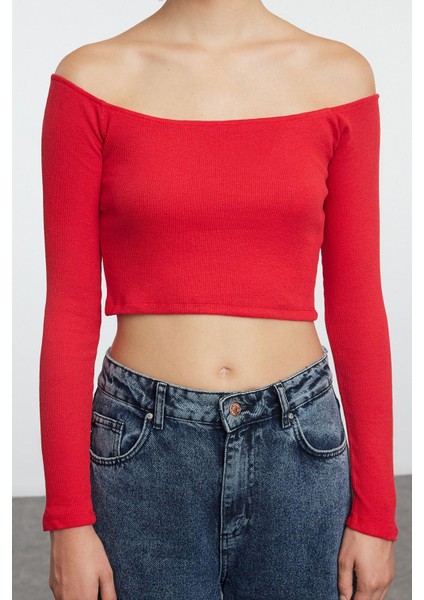 Kadın Şık Super Crop Carmen Yaka Düşük Kol Slim Kalıp Örme Fitted Vücuda Oturan Fitilli Esnek Bluz