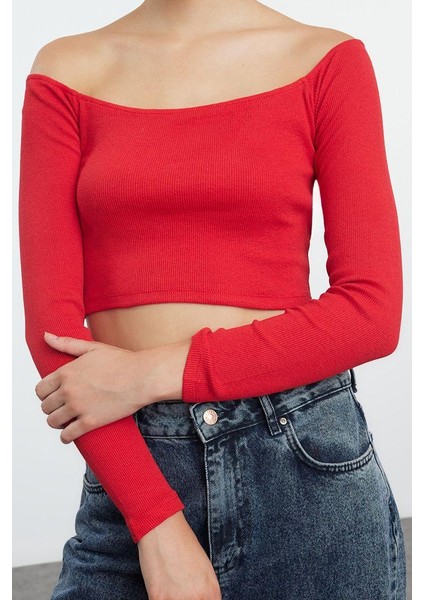 Kadın Şık Super Crop Carmen Yaka Düşük Kol Slim Kalıp Örme Fitted Vücuda Oturan Fitilli Esnek Bluz modelleri