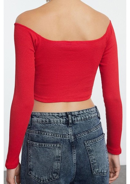 Kadın Şık Super Crop Carmen Yaka Düşük Kol Slim Kalıp Örme Fitted Vücuda Oturan Fitilli Esnek Bluz indirimleri