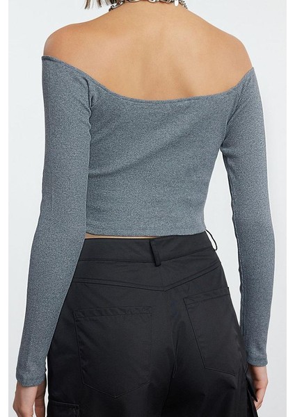 Kadın Şık Super Crop Carmen Yaka Düşük Kol Slim Kalıp Örme Fitted Vücuda Oturan Fitilli Esnek Bluz fırsatları