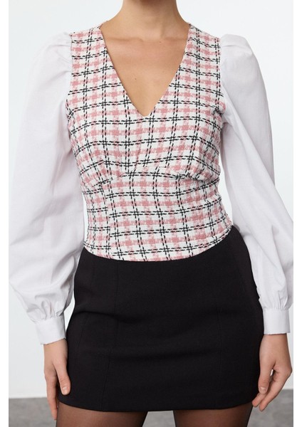 Kadın Moda Şık Üst Giyim Crop V Yaka Regular Kalıp Dokuma Fitted Tüvit Bluz