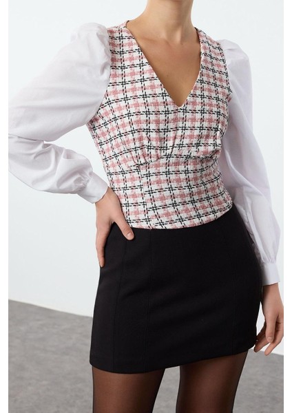 Kadın Moda Şık Üst Giyim Crop V Yaka Regular Kalıp Dokuma Fitted Tüvit Bluz