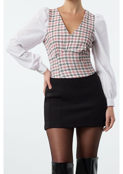 Kadın Moda Şık Üst Giyim Crop V Yaka Regular Kalıp Dokuma Fitted Tüvit Bluz