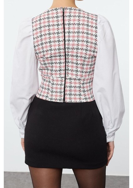 Kadın Moda Şık Üst Giyim Crop V Yaka Regular Kalıp Dokuma Fitted Tüvit Bluz