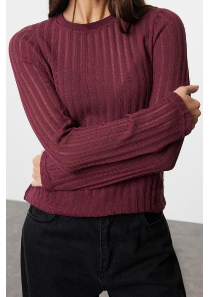 Kadın Moda Şık Regular Bisiklet Yaka Regular Kalıp Örme Transparan Triko Görünümlü Kumaş Boy Bluz