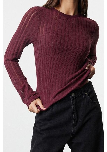 Kadın Moda Şık Regular Bisiklet Yaka Regular Kalıp Örme Transparan Triko Görünümlü Kumaş Boy Bluz