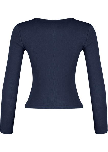 Kadın Moda Şık Regular Kruvaze Yaka Slim Kalıp Örme Fitted Vücuda Oturan Yaka Kol Fitilli Esnek Bluz