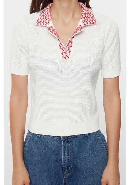 Kadın Moda Şık Üst Giyim Regular Polo Yaka Regular Kalıp Triko Yaka Desenli Bluz