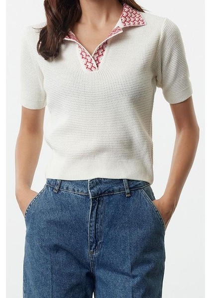 Kadın Moda Şık Üst Giyim Regular Polo Yaka Regular Kalıp Triko Yaka Desenli Bluz fiyatları