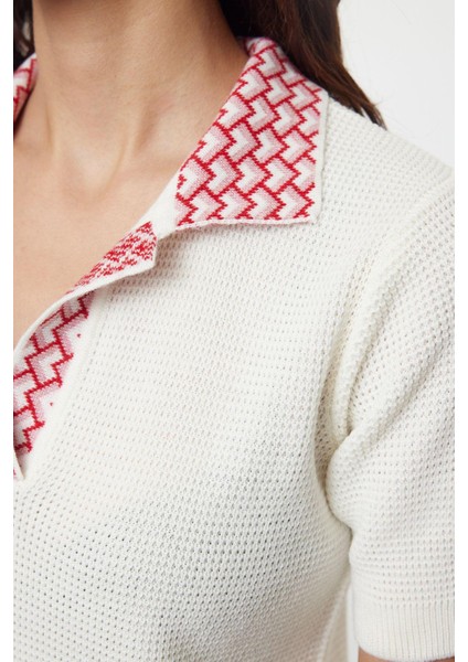 Kadın Moda Şık Üst Giyim Regular Polo Yaka Regular Kalıp Triko Yaka Desenli Bluz modelleri