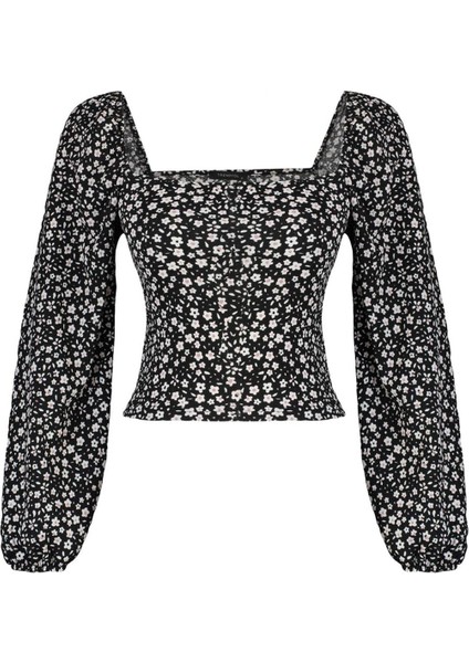 Kadın Crop Balon Kol Regular Kalıp Örme Çiçek Desenli Fitted Vücuda Oturan Bürümcük Dokulu Bluz