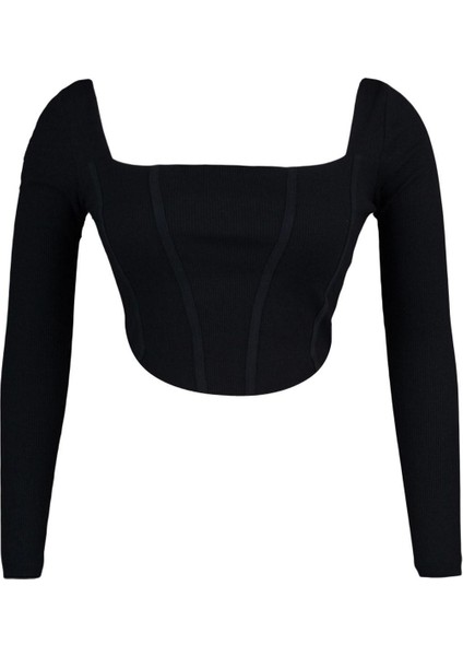 Kadın Moda Şık Büyük Beden Crop Kare Yaka Fitted Kalıp Örme Fittilli Biye Detaylı Bluz