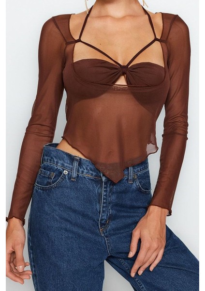 Kadın Moda Şık Üst Giyim Crop Kalp Yaka Fitted Kalıp Örme Cut Out Pencere Detaylı Tül Bluz