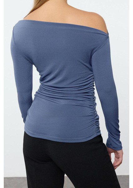 Stil Kadın Büzgü Drape Detaylı Fitted Vücuda Oturan Kollu Esnek Bluz Regular Örme Slim Kalıp indirimleri