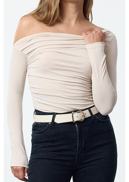 Stil Kadın Büzgü Drape Detaylı Fitted Vücuda Oturan Kollu Esnek Bluz Regular Örme Slim Kalıp