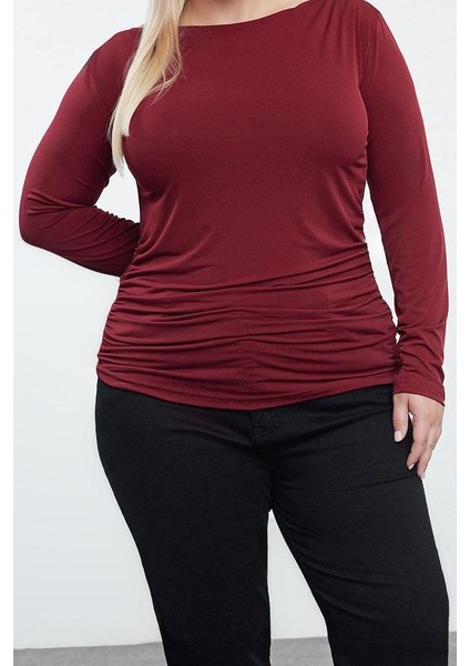 Kadın Moda Şık Büyük Beden Regular Kayık Yaka Fitted Kalıp Örme Sırtı Degaje Bluz fiyatları