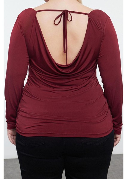 Kadın Moda Şık Büyük Beden Regular Kayık Yaka Fitted Kalıp Örme Sırtı Degaje Bluz fırsatları