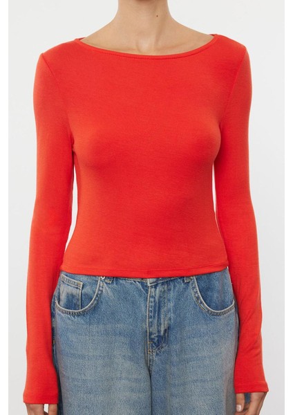 Kadın Moda Şık Üst Giyim Regular Kayık Yaka Slim Kalıp Örme Vücuda Oturan Boy Bluz