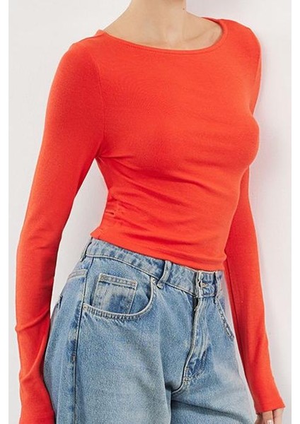 Kadın Moda Şık Üst Giyim Regular Kayık Yaka Slim Kalıp Örme Vücuda Oturan Boy Bluz fiyatları