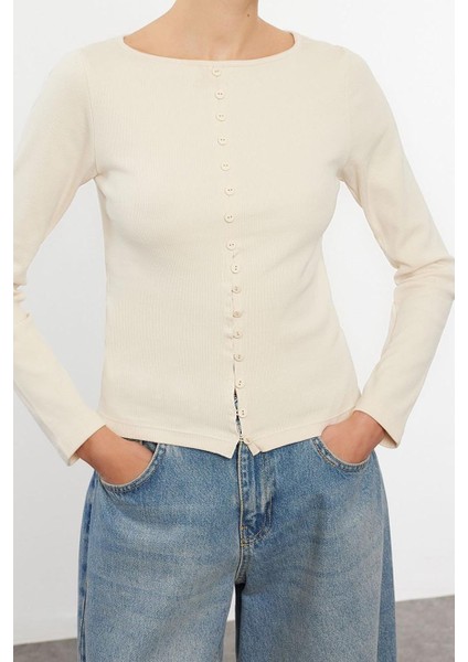 Stil Kadın Düğme Detaylı Fitilli Esnek Boy Bluz Regular Örme Fitted Kalıp fiyatları