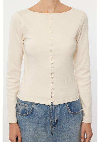 Stil Kadın Düğme Detaylı Fitilli Esnek Boy Bluz Regular Örme Fitted Kalıp fırsatları