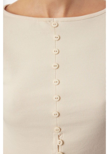 Stil Kadın Düğme Detaylı Fitilli Esnek Boy Bluz Regular Örme Fitted Kalıp indirimleri