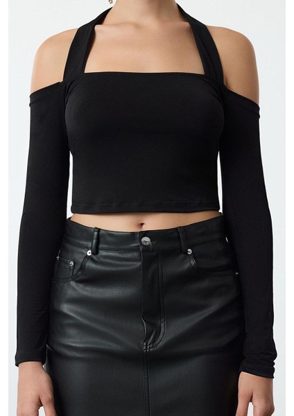 Kadın Moda Şık Üst Giyim Regular Kare Yaka Fitted Kalıp Örme Crop Bluz
