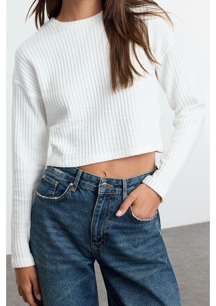 Stil Kadın Triko Görünümlü Relaxed Crop Örme Bluz Uzun Denim Slim Fit Kalıp Düşük Kol