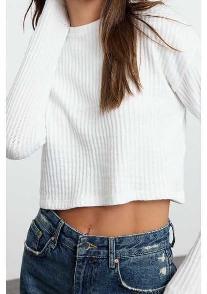 Stil Kadın Triko Görünümlü Relaxed Crop Örme Bluz Uzun Denim Slim Fit Kalıp Düşük Kol fiyatları