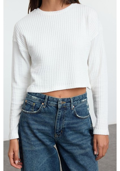 Stil Kadın Triko Görünümlü Relaxed Crop Örme Bluz Uzun Denim Slim Fit Kalıp Düşük Kol modelleri