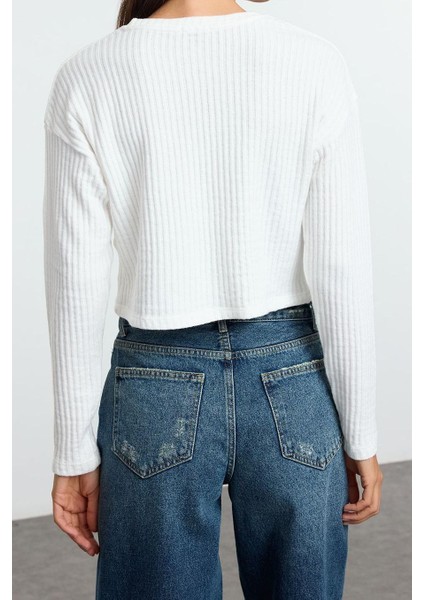 Stil Kadın Triko Görünümlü Relaxed Crop Örme Bluz Uzun Denim Slim Fit Kalıp Düşük Kol indirimleri