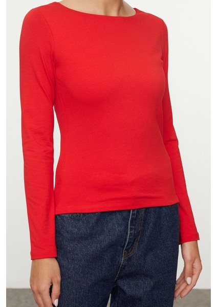 Kadın Moda Şık Üst Giyim Crop Kayık Yaka Slim Kalıp Örme Pamuklu Fitted Vücuda Oturan Esnek Bluz