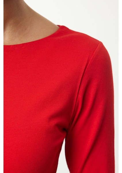 Kadın Moda Şık Üst Giyim Crop Kayık Yaka Slim Kalıp Örme Pamuklu Fitted Vücuda Oturan Esnek Bluz modelleri