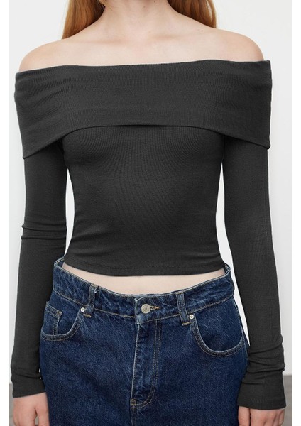 Kadın Moda Şık Üst Giyim Crop Carmen Yaka Slim Kalıp Örme Kısa Esnek Bluz