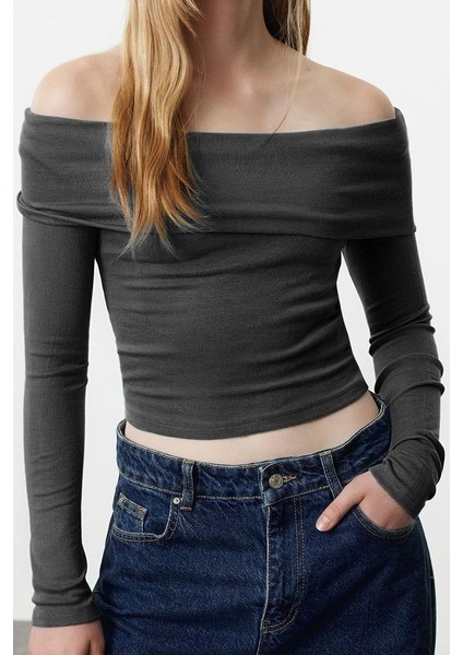 Kadın Moda Şık Üst Giyim Crop Carmen Yaka Slim Kalıp Örme Kısa Esnek Bluz