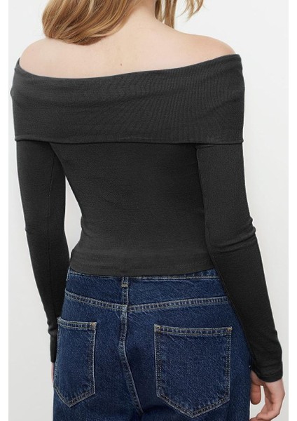 Kadın Moda Şık Üst Giyim Crop Carmen Yaka Slim Kalıp Örme Kısa Esnek Bluz