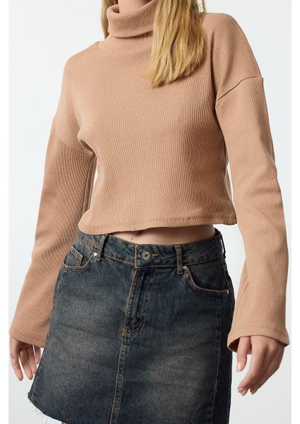 Stil Kadın Fitted Vücuda Oturan Crop Esnek Bluz Super Crop Örme Slim Kalıp