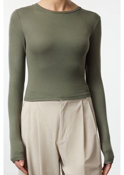 Kadın Moda Şık Üst Giyim Crop Bisiklet Yaka Slim Kalıp Örme Viskon Esnek Bluz