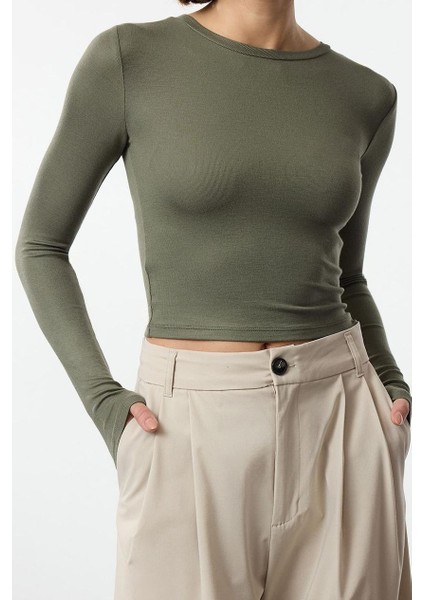 Kadın Moda Şık Üst Giyim Crop Bisiklet Yaka Slim Kalıp Örme Viskon Esnek Bluz fiyatları